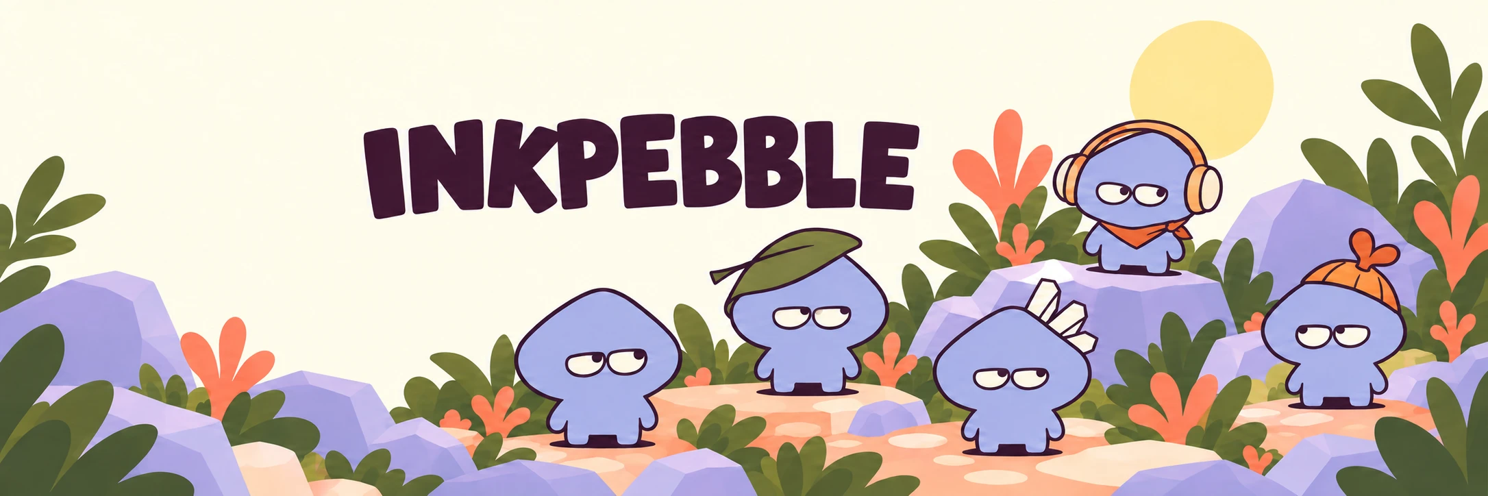 Five lavender Inkpebbles in a garden of lilac rocks, olive leaves and orange plants