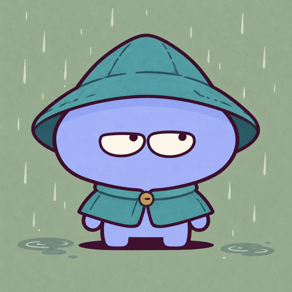 Rainkeeper Inkpebble with a teal rain hat and cape in a rainy garden